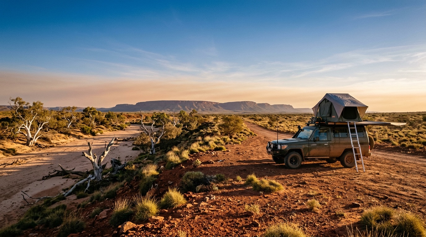 A four wheel drive with a rooftop tent camped on red earth in the Australian outback at golden hour