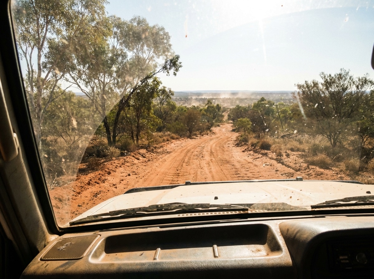 A corrugated red dirt track running into open Australian bush, seen through the windscreen of a four wheel drive